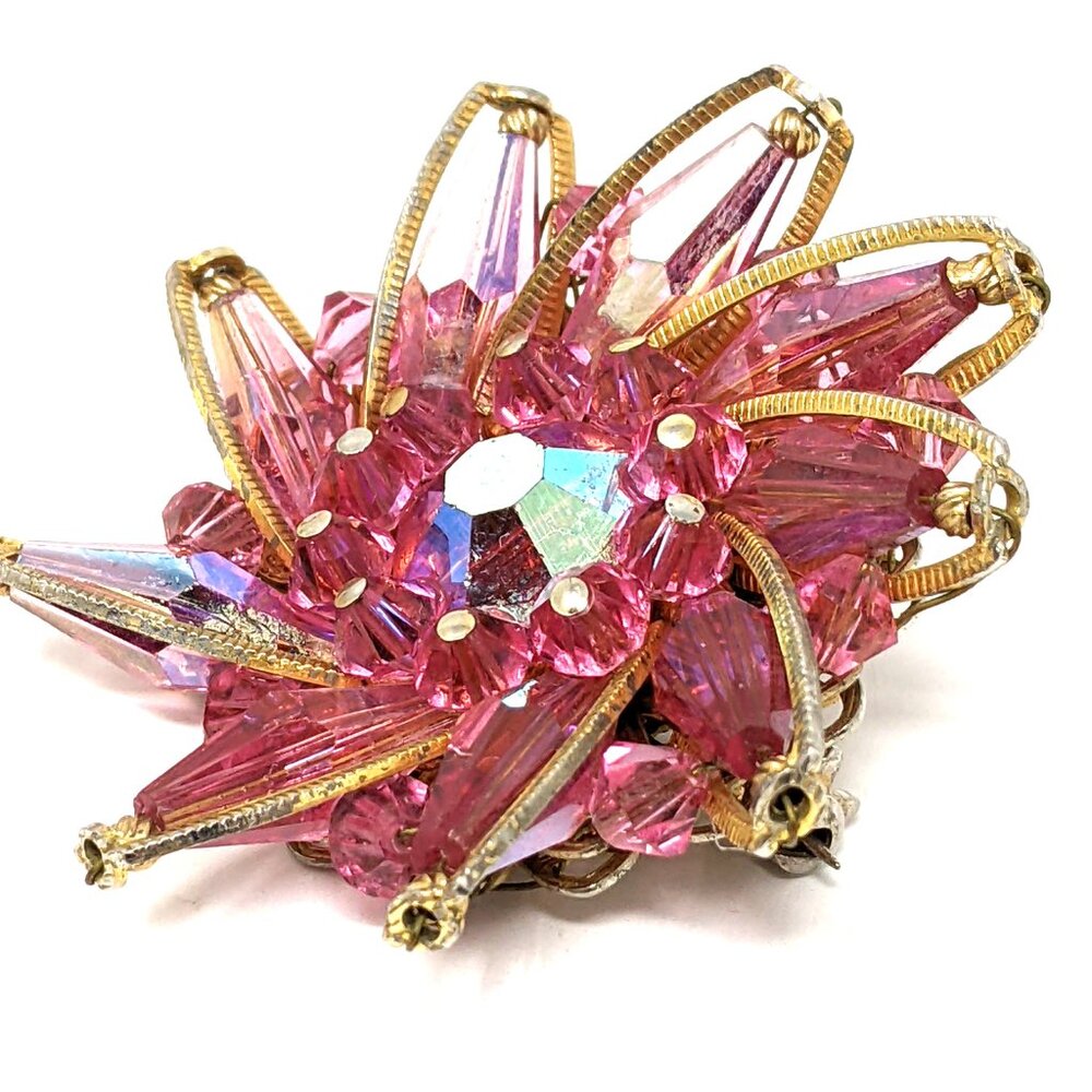 VTG MCM Pink AB Crystal Brooch Torpedo Bead Cluster Pinwheel Wired Layered